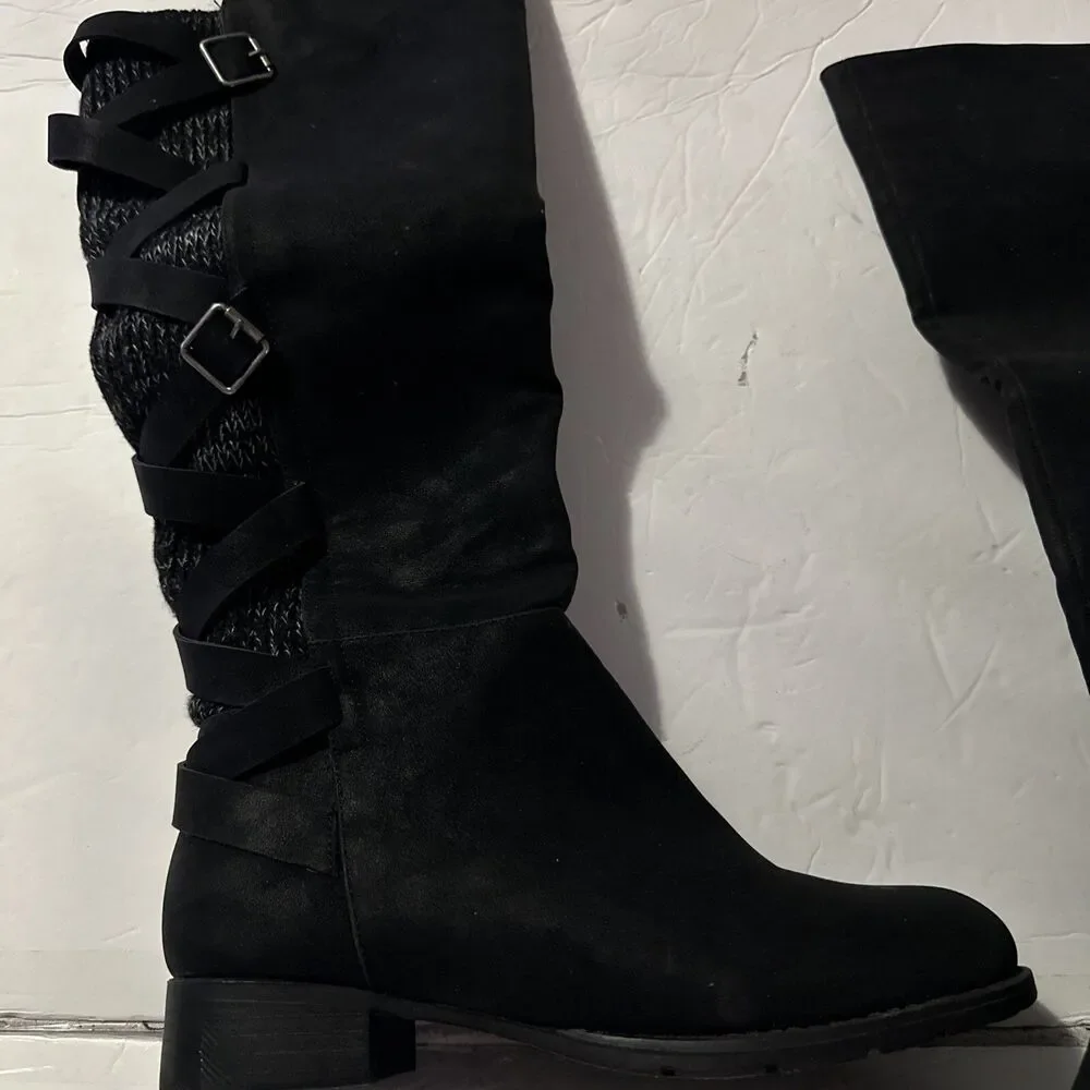 Kaili Black Faux Leather Riding Boots‎ Criss Cross Detail Sz10
